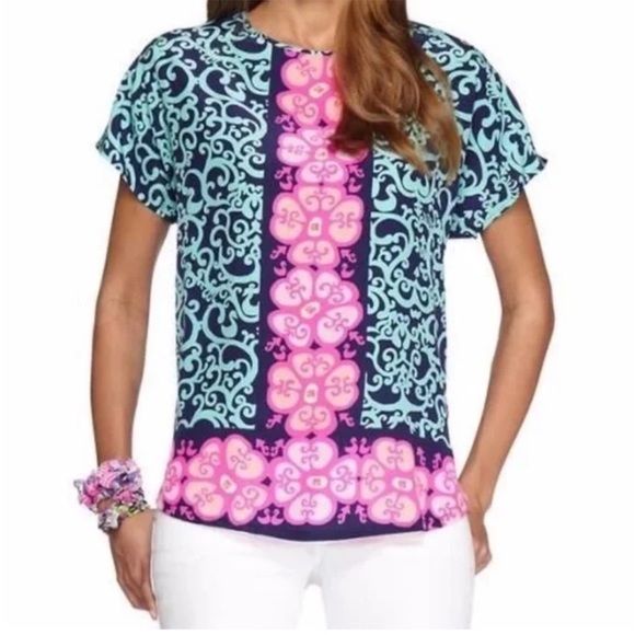 Lilly Pulitzer Marion Silk Top M/L Lilly Aqua Blue Turquoise Pink Fountain Top - Picture 1 of 6